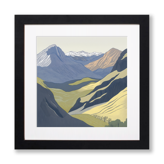 Langdale Pikes in the Lake District Linoprint-Style Art (2472-1)