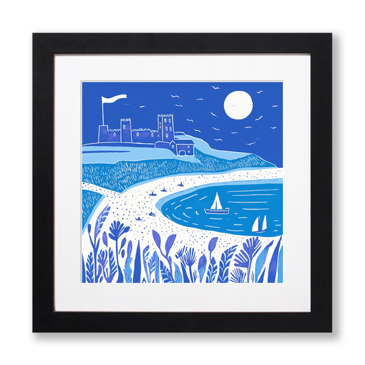 Bamburgh Beach and Castle, Northumberland Linoprint-Style Art (1076-2)