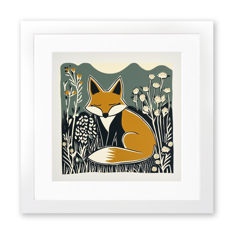 Cute Fox Cub Linoprint-Style Art (1204-1)