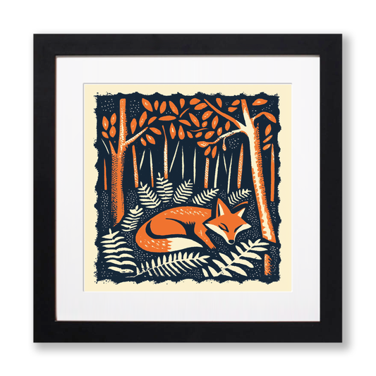 Ferns with resting fox Linoprint-Style Art (90-2)