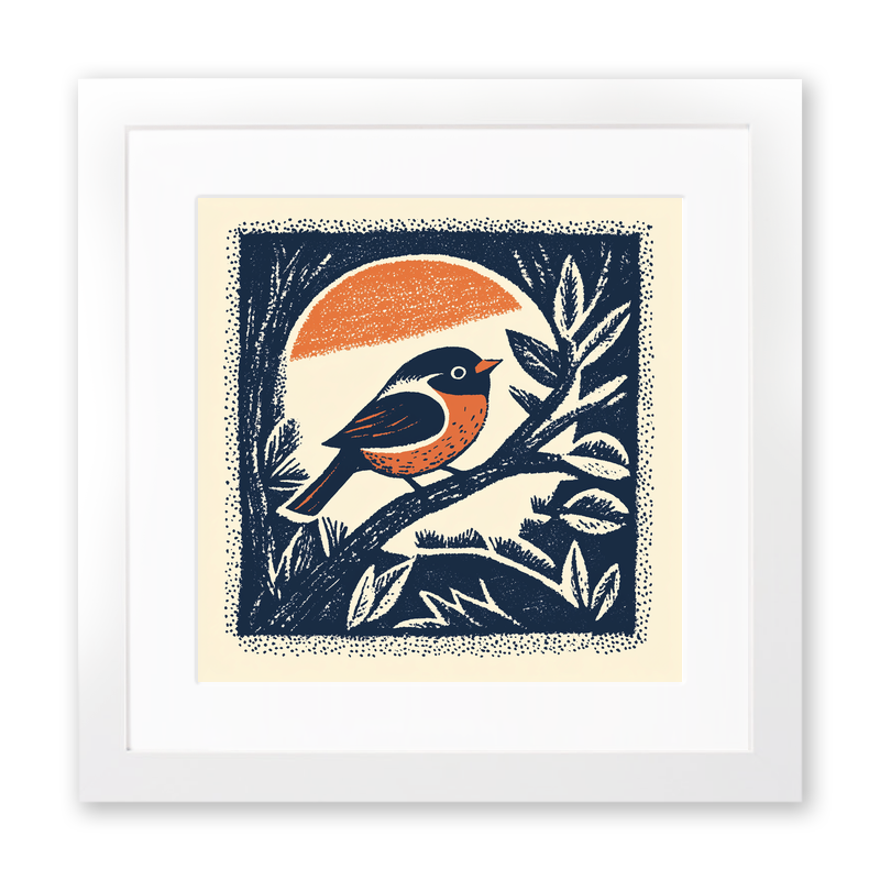 Cute Baby Robin Linoprint-Style Art (45-1)