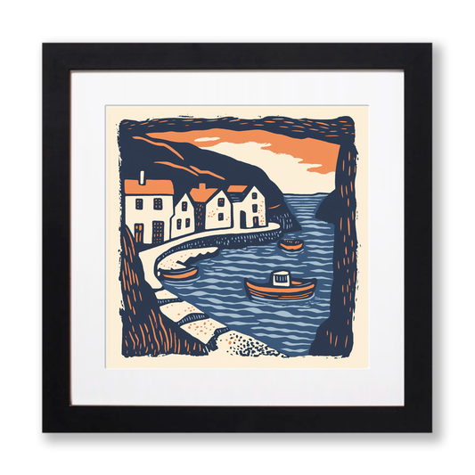 Polperro Harbour, Cornwall Linoprint-Style Art (144-2)