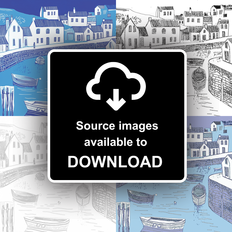Mevagissey Harbour, Cornwall Linoprint-Style Art (1095-2)