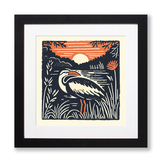 Heron in marshland Linoprint-Style Art (95-1)