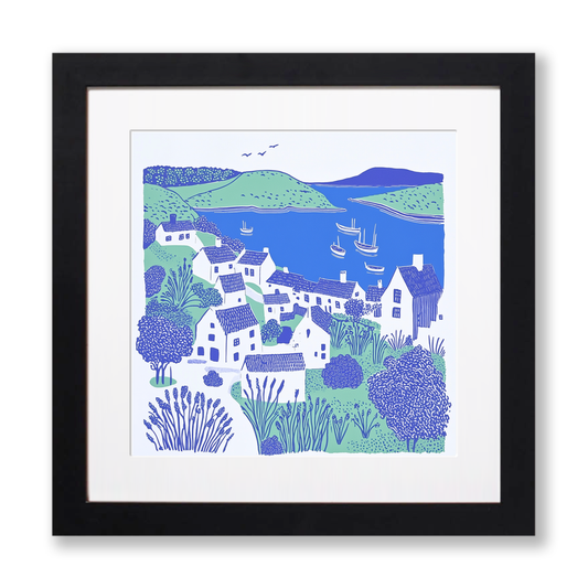 Village by the coast Linoprint-Style Art (978-1)