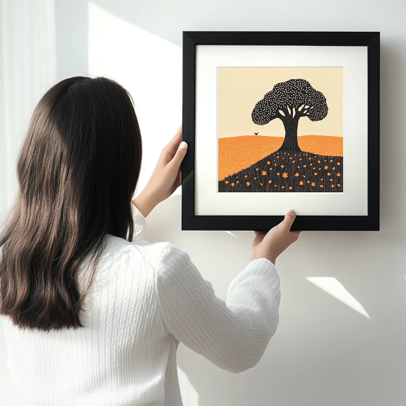 Ancient oak in a Norfolk field Linoprint-Style Art (2055-1)