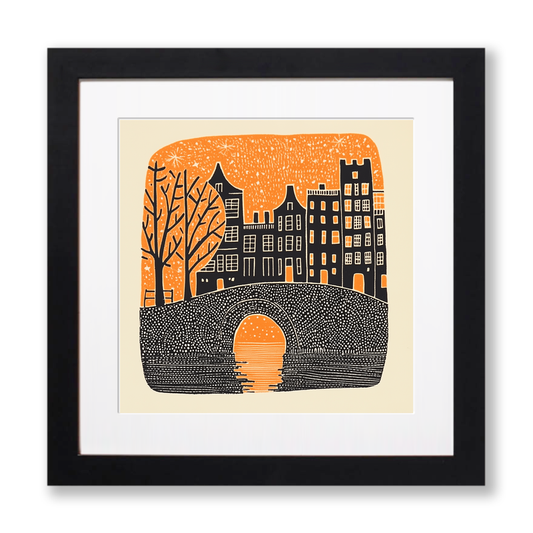 Amsterdam canal at twilight Linoprint-Style Art (164-1)