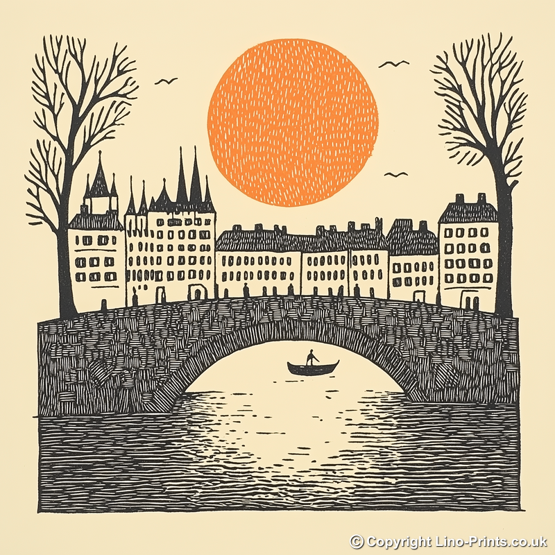 Prague Charles Bridge Linoprint-Style Art (187-1)