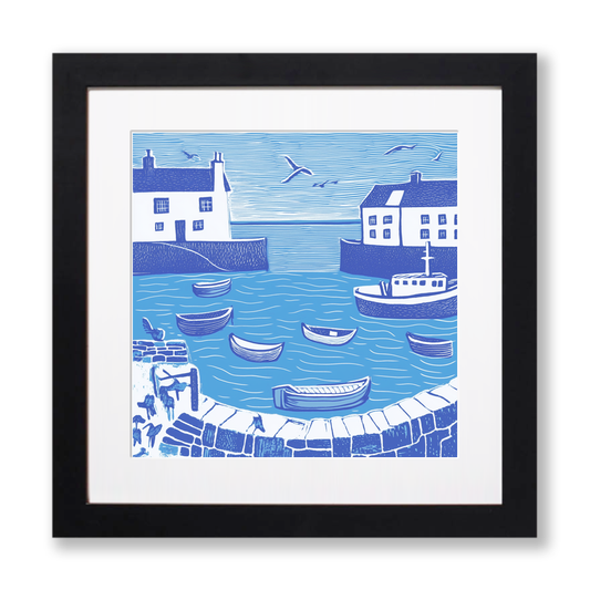 Mousehole Harbour Linoprint-Style Art (891-1)