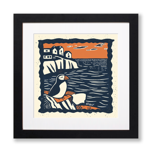 Puffin on cliff edge Linoprint-Style Art (105-1)