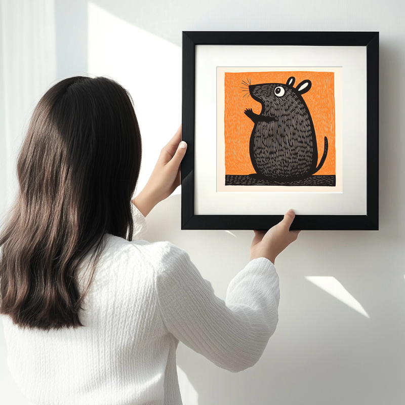 Cute Chinchilla Linoprint-Style Art (212-1)