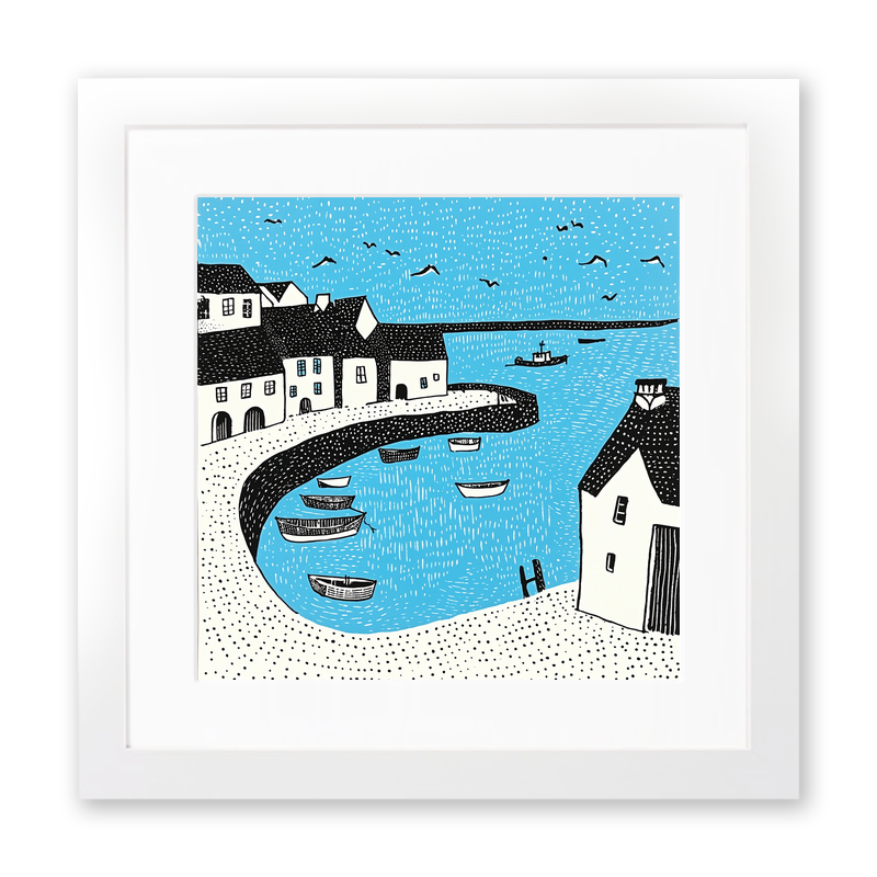 Mousehole Harbour, Cornwall Linoprint-Style Art (805-1)