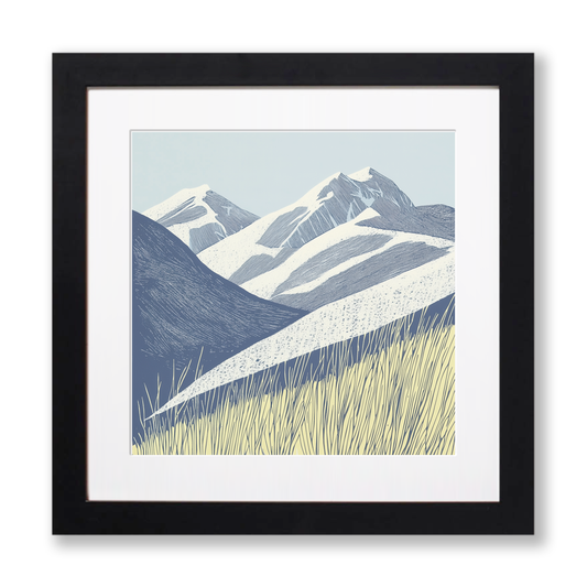 Snow-dusted fell tops Linoprint-Style Art (2557-2)
