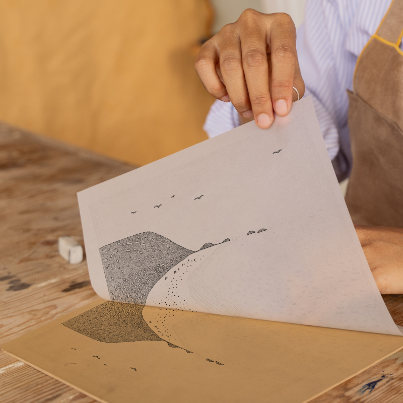 Porthcurno Beach Linoprint-Style Art (604-1)