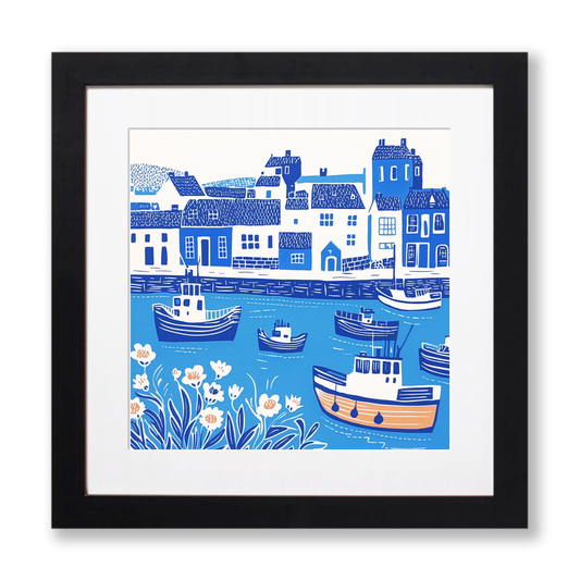 Brixham Harbour, Devon Linoprint-Style Art (1081-2)