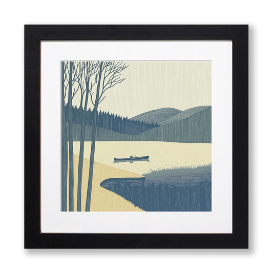 Kayak on misty lake Linoprint-Style Art (2465-1)