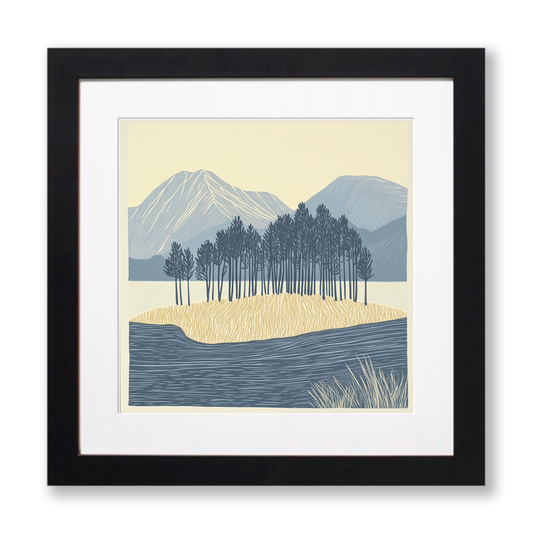 Pine trees silhouette on a lake island (e.g., Derwentwater) Linoprint-Style Art (2504-3)