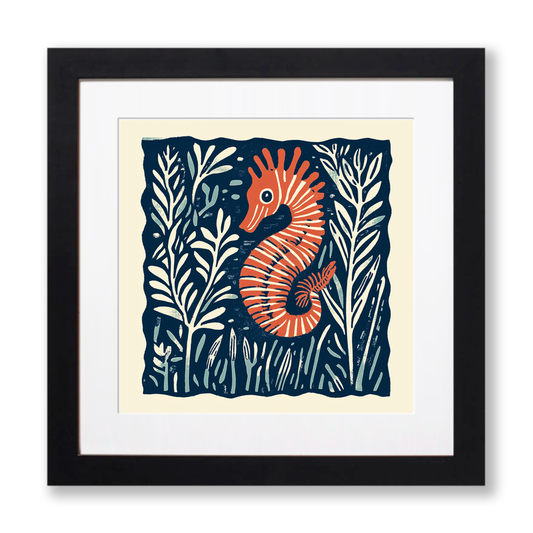 Seahorse in seaweed Linoprint-Style Art (109-1)