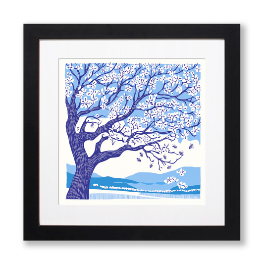 Blossom tree with bees Linoprint-Style Art (999-1)