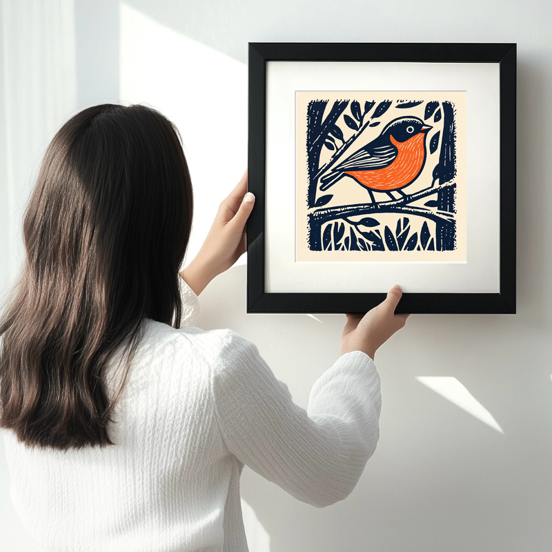 Robin on frosty branch Linoprint-Style Art (107-1)
