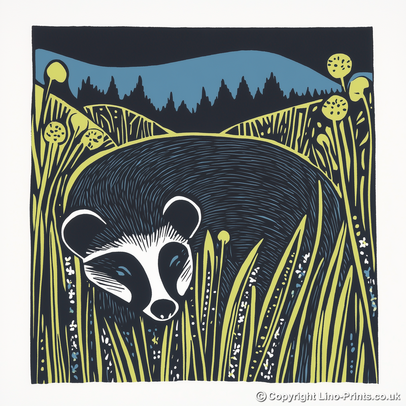 Cute Baby Badger Linoprint-Style Art (1190-1)