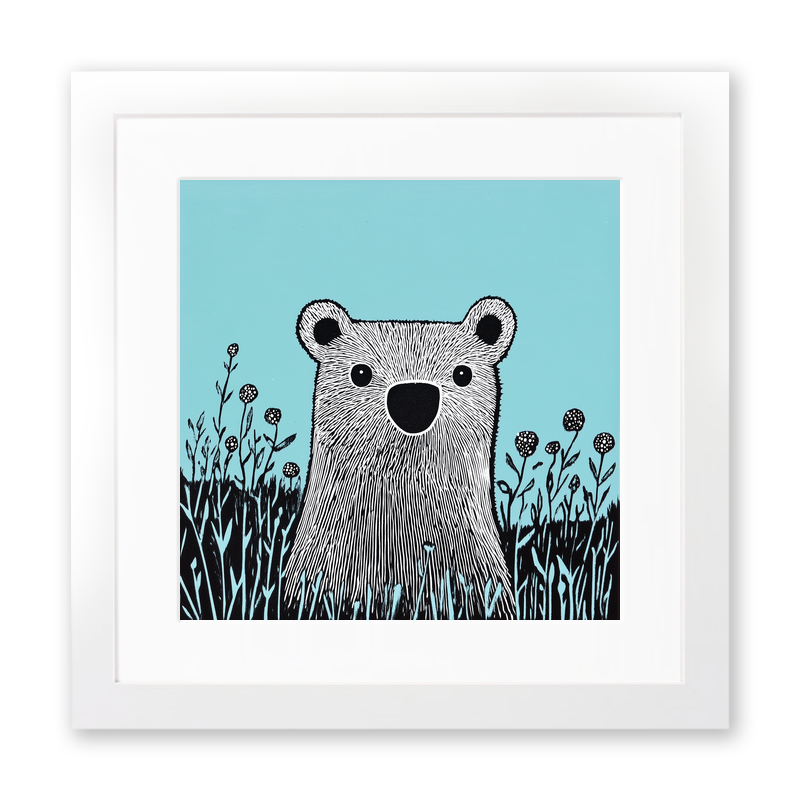 Cute Bear Cub Linoprint-Style Art (611-3)