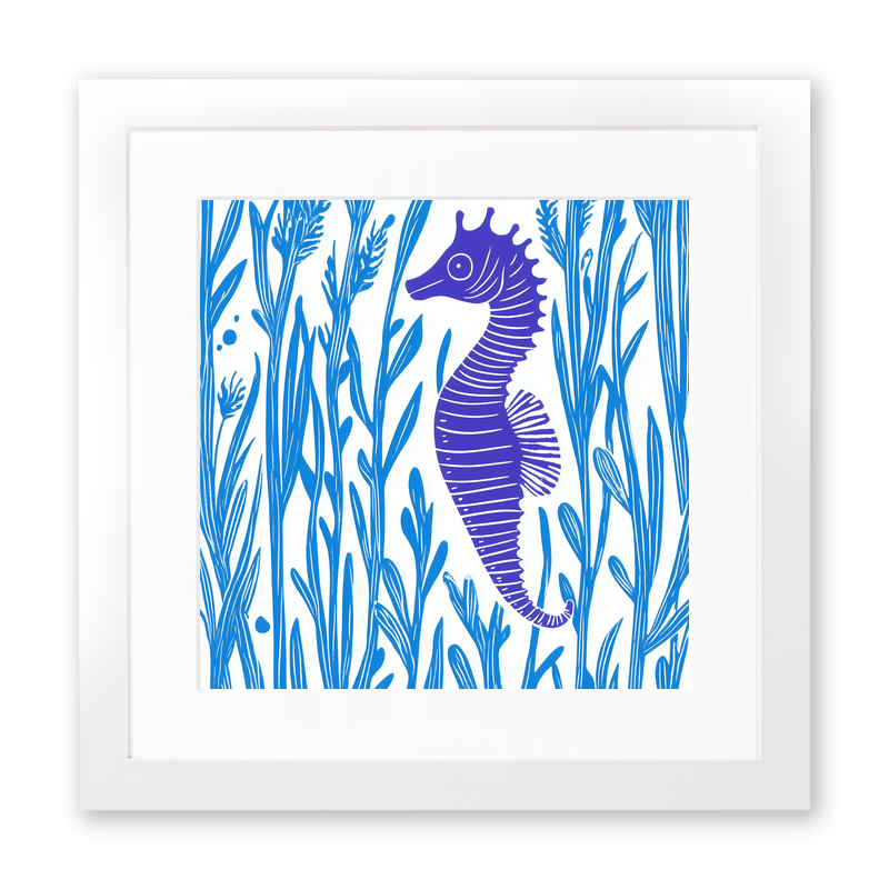 Seahorse in seaweed Linoprint-Style Art (1023-2)