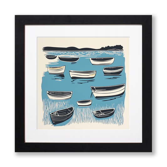 Reflections of boats in still harbour Linoprint-Style Art (1921-1)