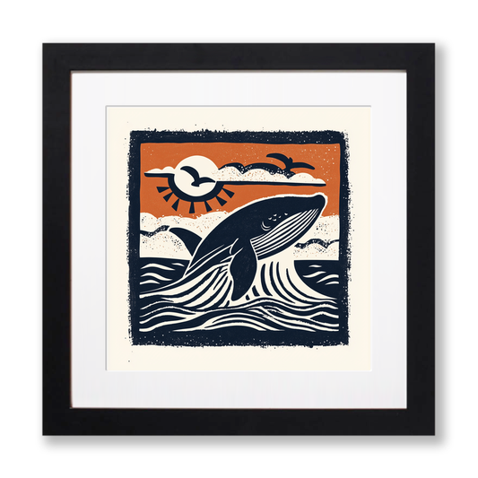 Whale breaching the surface Linoprint-Style Art (116-1)