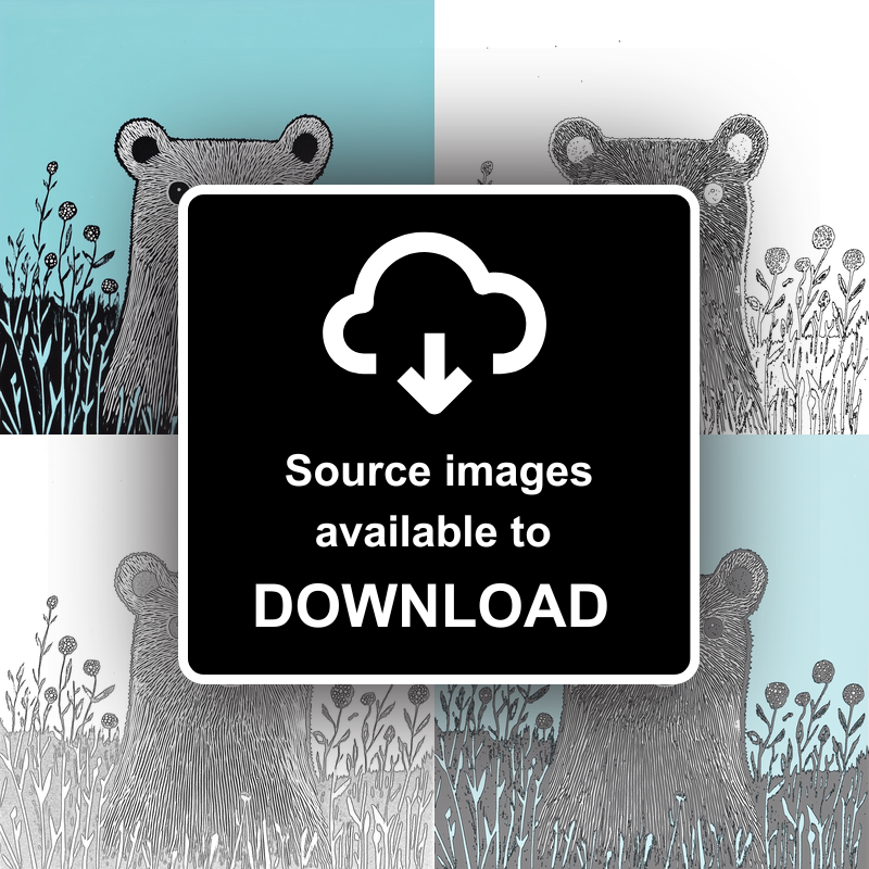 Cute Bear Cub Linoprint-Style Art (611-3)