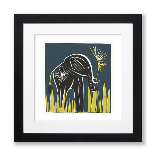 Cute Elephant Calf Linoprint-Style Art (1201-1)