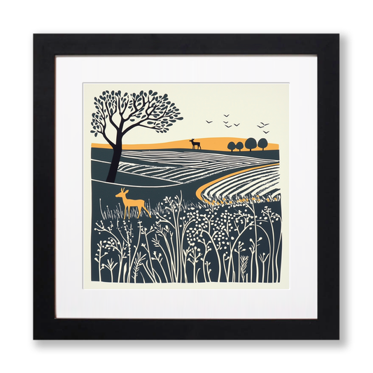 Woodland deer near Sandringham Linoprint-Style Art (1954-1)