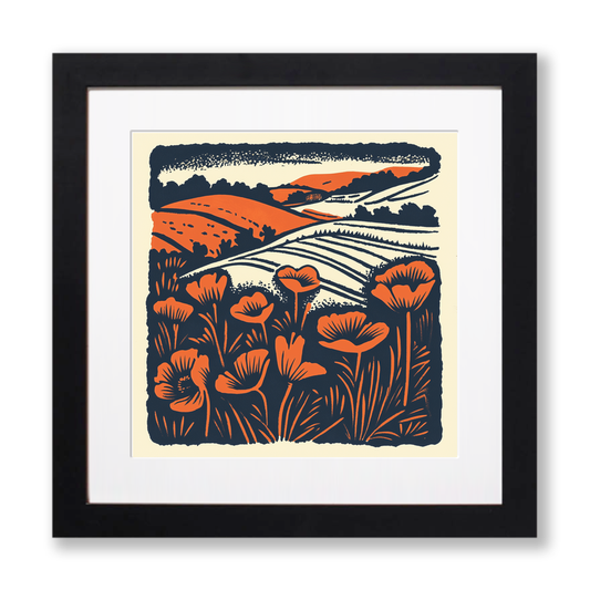 Field of poppies near Snettisham Linoprint-Style Art (1984-1)