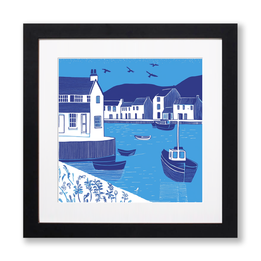 Looe Harbour, Cornwall Linoprint-Style Art (1092-2)