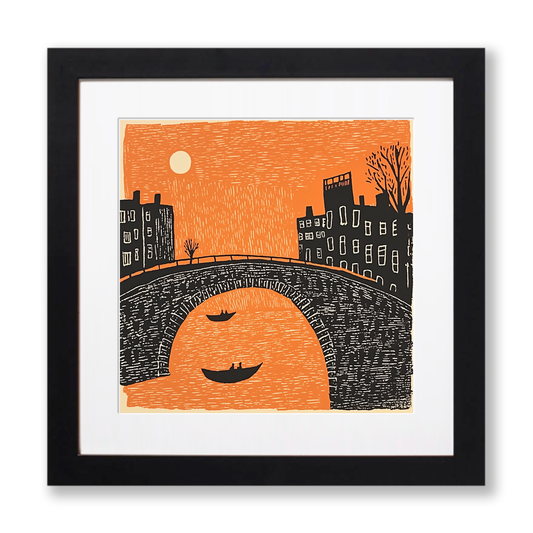Cambridge punts and bridges Linoprint-Style Art (168-1)