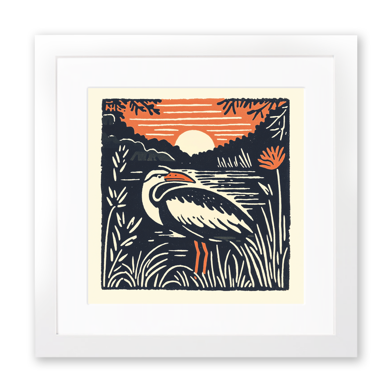 Heron in marshland Linoprint-Style Art (95-1)