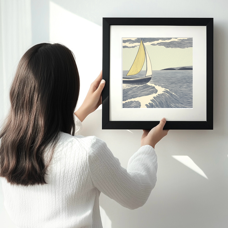 Sailing dinghy tilted by wind Linoprint-Style Art (2530-1)