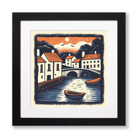 Cambridge punts and bridges Linoprint-Style Art (6-1)