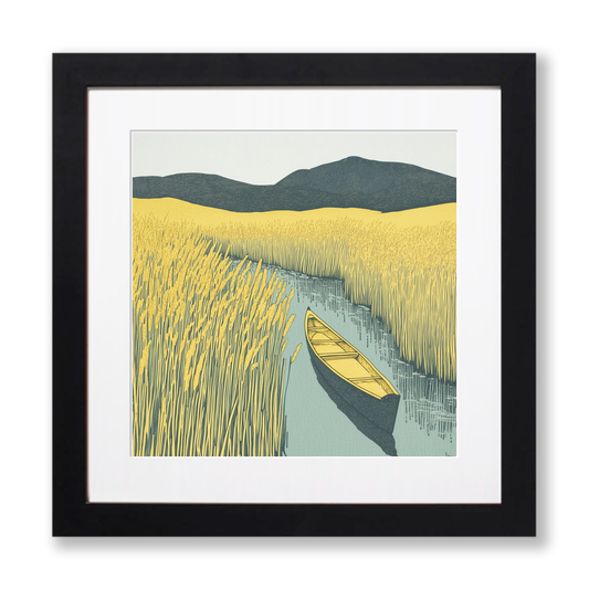 Canoe in reeds at Elterwater Linoprint-Style Art (2380-4)