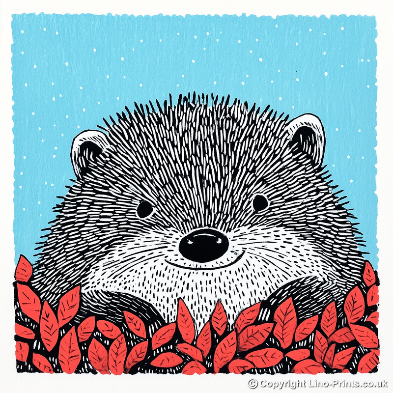 Hedgehog in autumn leaves Linoprint-Style Art (717-1)
