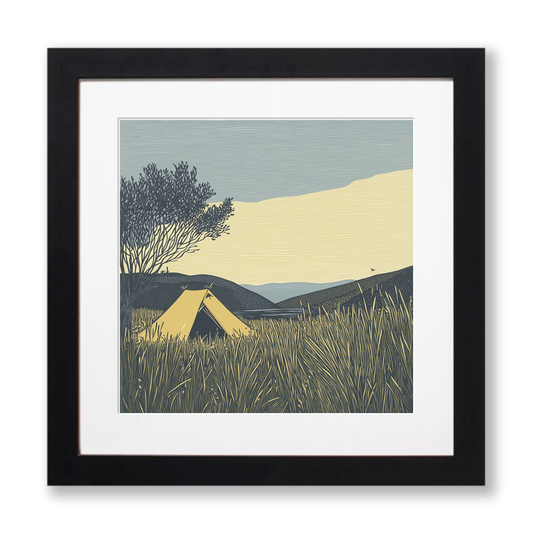 Wild campers tent at dawn silhouette Linoprint-Style Art (2602-2)