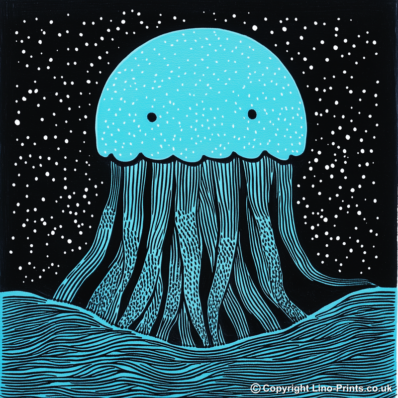 Jellyfish drifting in deep water Linoprint-Style Art (719-1)
