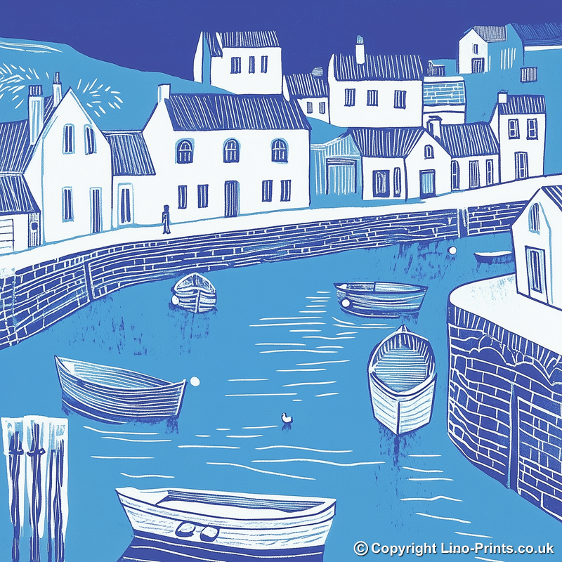 Mevagissey Harbour, Cornwall Linoprint-Style Art (1095-2)