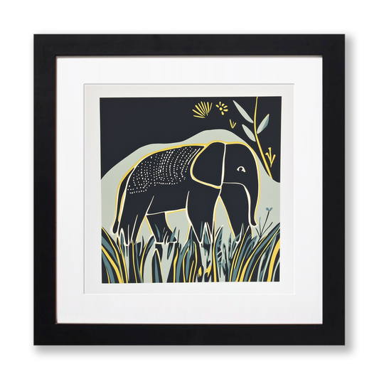 Cute Elephant Calf Linoprint-Style Art (1201-2)
