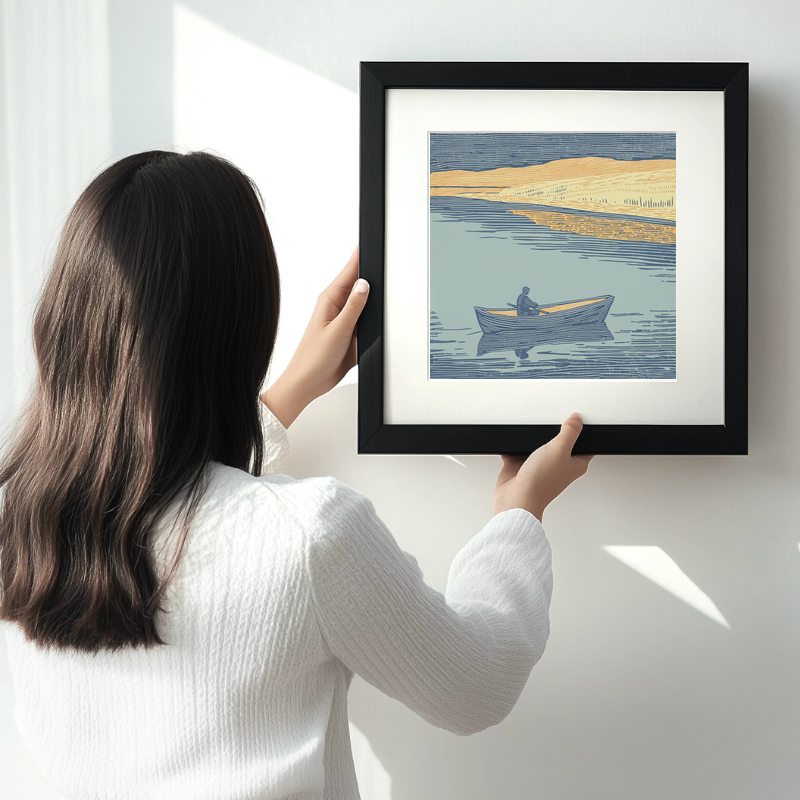 Person rowing boat with reflections Linoprint-Style Art (2498-1)
