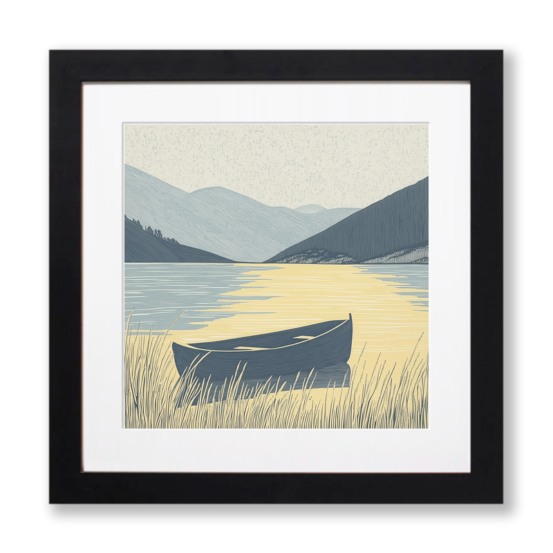 Rowing boat silhouette on calm lake Linoprint-Style Art (2523-1)