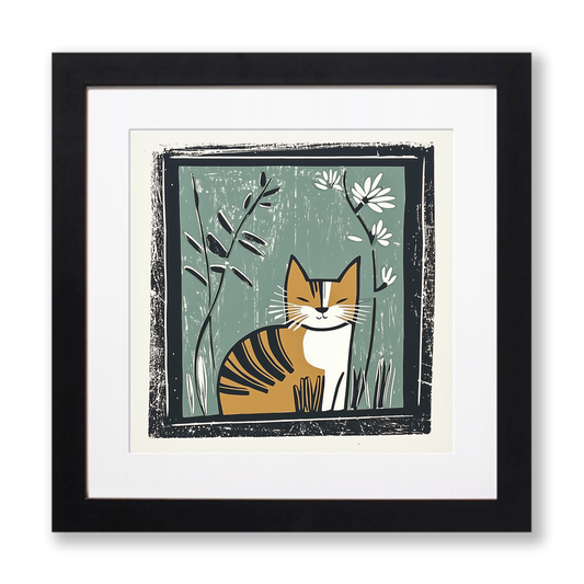 Cute Kitten Linoprint-Style Art (1209-2)