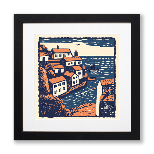 Porthleven, Cornwall Linoprint-Style Art (147-1)