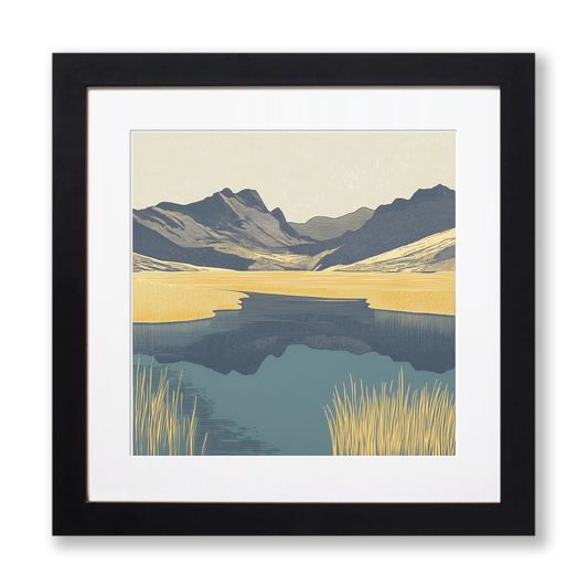 Blea Tarn reflections of Langdales Linoprint-Style Art (2362-2)
