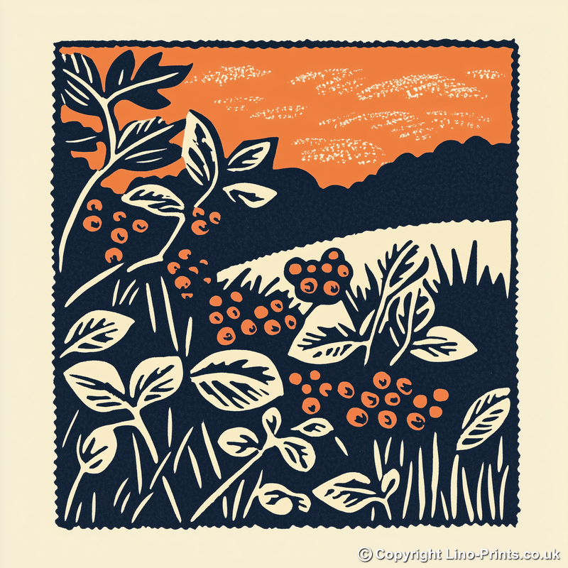 Brambles and blackberries by the hedge Linoprint-Style Art (1962-1)